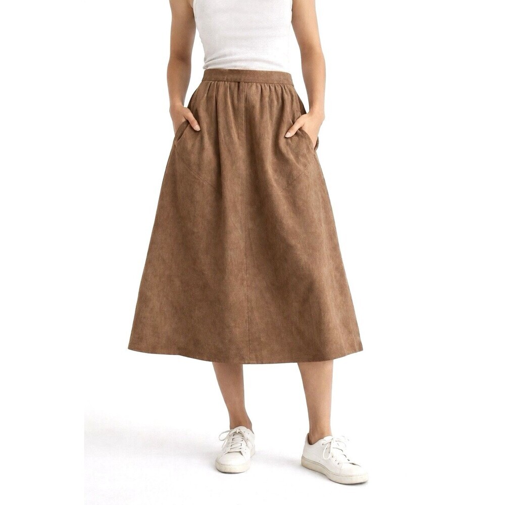 Vintage Facile Lillie Ann Brown Suede Midi Skirt USA ILGWU Lined Pockets